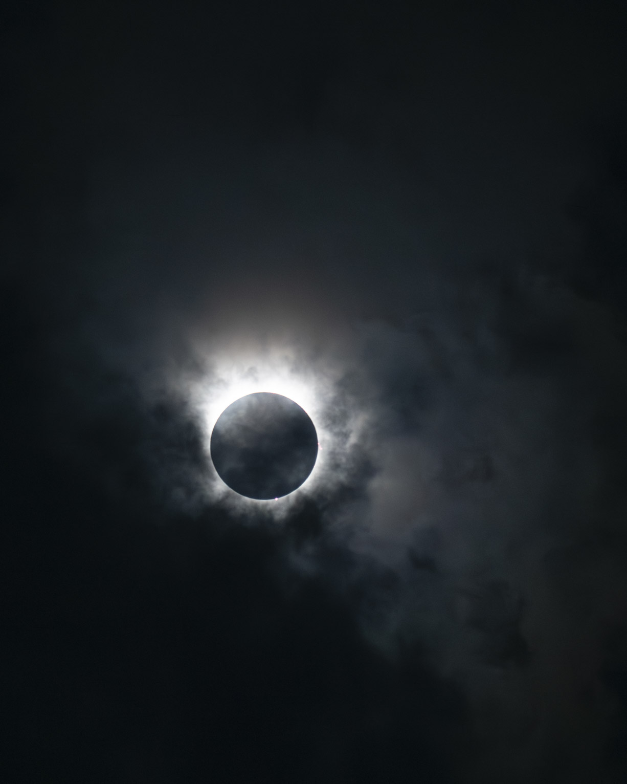 A total solar eclipse, the shadows of clouds, the sky dark blue